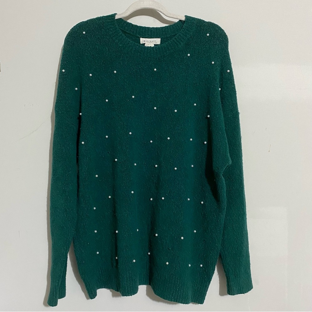 Love crazy dark green pearl beaded knit sweater women’s size XXL